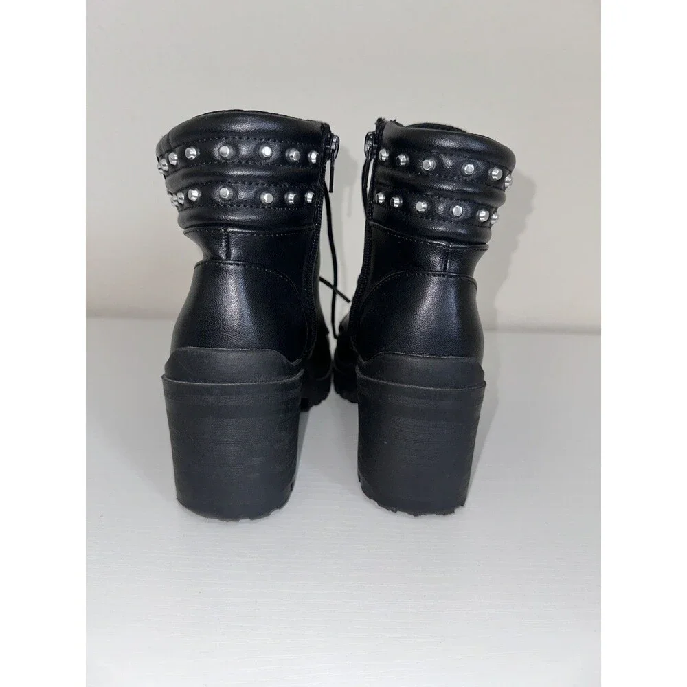 No Boundaries Boots Women Sz 7 1/2 Black Studded Lug Sole Edgy Punk Goth Biker